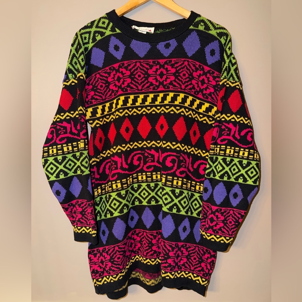Vintage 80’s Capezio Knit Sweater Small Multicolor Geometric Abstract Tunic